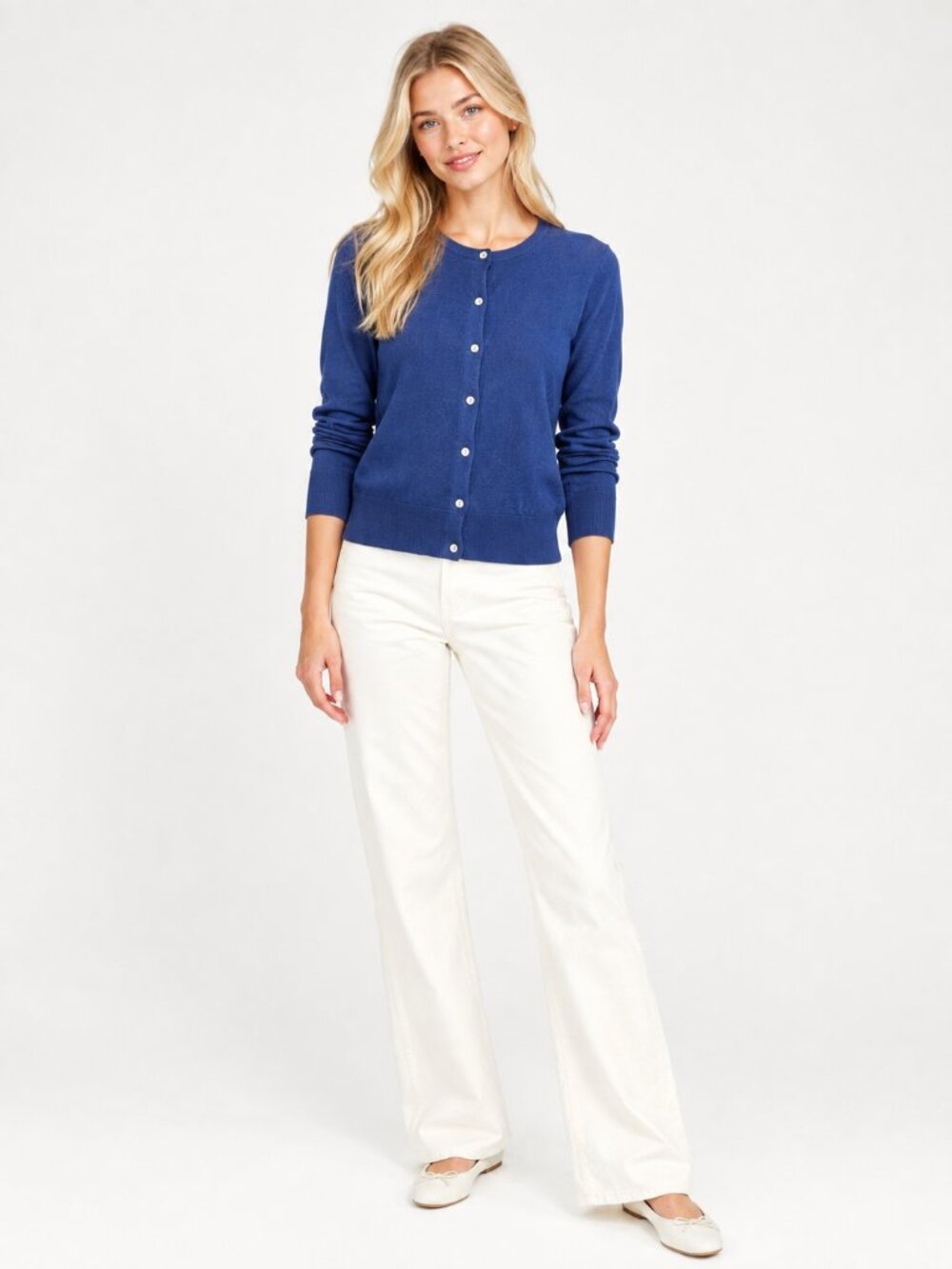 2/$30 Lands' End Fine Gauge Cotton Crew Neck Cardigan Blue Medium #A4988